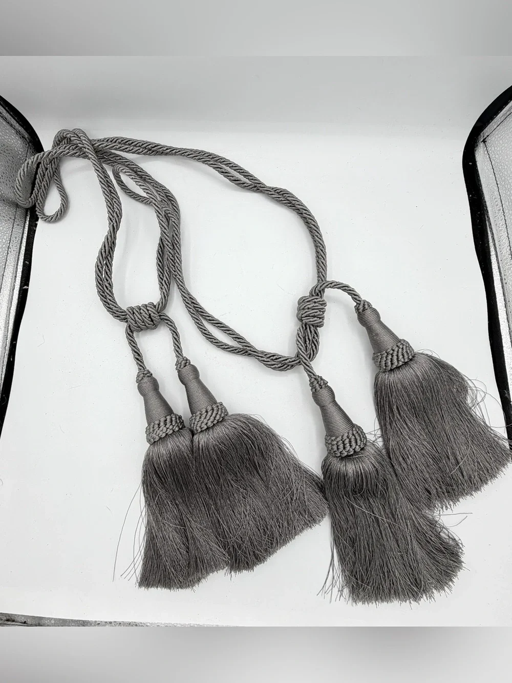 Pair Silver Gray Double Tassel Curtain Tiebacks Braided Rope Drapery Holdbacks